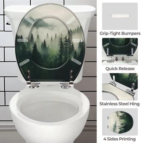 Toilet Seat Round Resin for Bathroom with forest design, fits 4-7 inch hole, features stainless steel hinge, quick release.