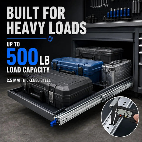 Beefy Heavy Duty Drawer Slides With Lock 500 Lb Capacity Full Extension Side Mount Ultra Smooth Quiet Operation Industrial Grade Steel Ball Bearings Durable 2.5mm Q235 Steel in toolbox drawer