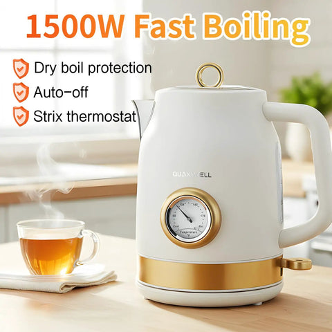 Retro Electric Tea Kettle 1.7L With Temperature Gauge 1500W Fast Boil 304 Stainless Steel BPA Free Auto Shut Off Boil Dry Protection Matte White Gold in kitchen setting