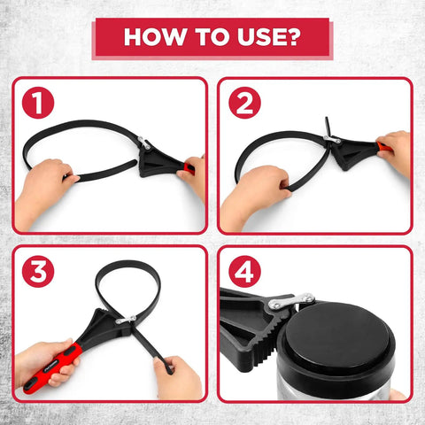Step-by-step guide using Heavy Duty Rubber Strap Adjustable Wrench Set, Includes 6 Inch And 4 Inch Wrenches, Oil Filter Jar Opener.
