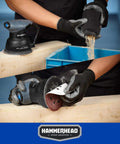 Workhorse 2.0 Amp 5 Inch Random Orbit Sander with 12000 OPM quick sandpaper change and ergonomic grip in action on wood project.