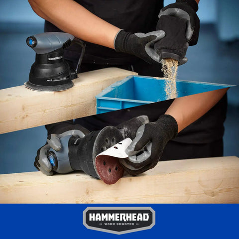 Workhorse 2.0 Amp 5 Inch Random Orbit Sander with 12000 OPM quick sandpaper change and ergonomic grip in action on wood project.