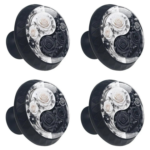 4 Pack Round Cabinet Knobs For A Sweet Home Upgrade Black Crystal Glass Drawer Handles Packed With Yin Yang Rose Design, 35mm