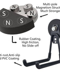 Close-up of multi-pole magnetic structure and hook from Magnetic Power Tool Organizer With 2 Heavy Duty Hooks And Drill Tools Holder For Garage Or Workshop, Steel Pegboard Mount, Rugged Tool Rack For Power Tools, Cables, And Garden Hose, featuring a rubber coating.