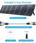 Included items: 200W Portable Solar Panel with kickstand, MC4 to adapter cable, user manual, DC7909 to DC8020 adapter.