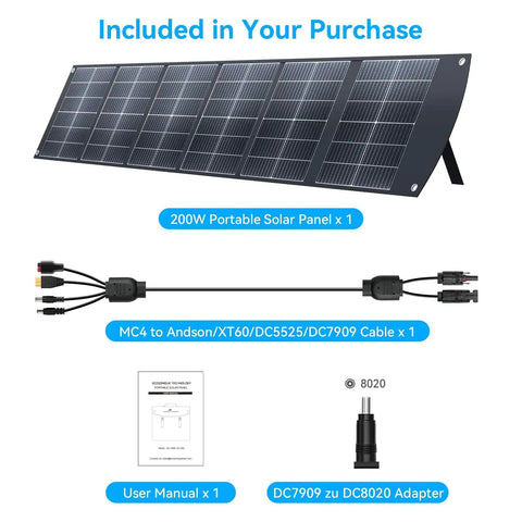 Included items: 200W Portable Solar Panel with kickstand, MC4 to adapter cable, user manual, DC7909 to DC8020 adapter.