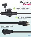 Beefy 50 Ft Heavy Duty 14 3 Extension Cord With 10 Outlets Spaced Every 5 Feet showing plug, waterproof caps, heavy-duty wire.