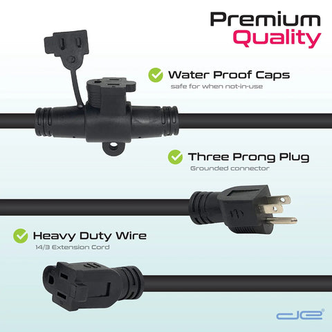 Beefy 50 Ft Heavy Duty 14 3 Extension Cord With 10 Outlets Spaced Every 5 Feet showing plug, waterproof caps, heavy-duty wire.