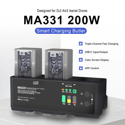 200W 3 Channel Fast Charging Hub For Air 3 And Air 3S Drone Charge All Batteries At Once With App Control LED Display
