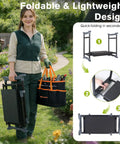 Woman holding Garden Kneeler And Chair With Umbrella, 2-In-1 Foldable Garden Stool, detachable tool bags, in a garden setting.
