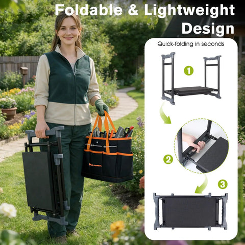 Woman holding Garden Kneeler And Chair With Umbrella, 2-In-1 Foldable Garden Stool, detachable tool bags, in a garden setting.