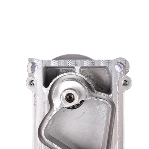 Turbo actuator housing, aluminum alloy, silver finish; close-up view of the unit