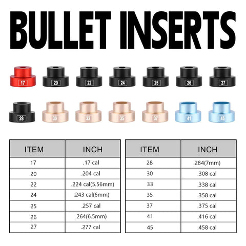 Bullet inserts for Bullet And Headspace Gauge Comparator Kit with calibers from .17 to .45, shown with a reference chart.