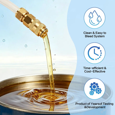 Leak-Proof Marine Hydraulic Steering Bleed Kit With Brass Fittings And Gaskets, fluid pouring from quick-connect tool