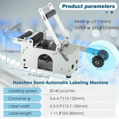 Plug And Play Semi Automatic Round Bottle Labeler With Tight Grip Adjustment Handles 15 To 150Mm Bottles Cranks Out 20 To 40 Labels Daily Zero Fuss commercial machine with adjustable width for labeling.