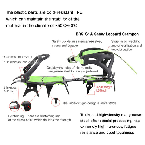 Fourteen Teeth Ice Crampons for Winter Boots With Grippy Steel Cleats, featuring stainless steel rivets and TPU straps.