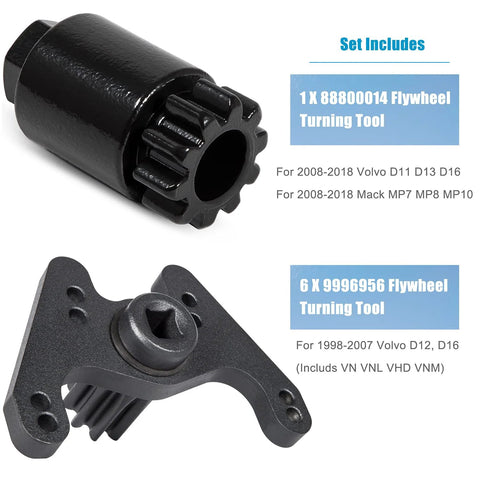 Camoo engine barring flywheel turning tool components in black metal; gear-type tool and mounting bracket