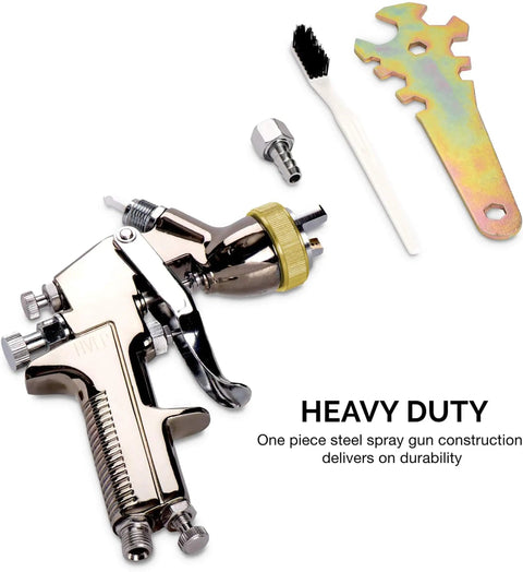Beast Workhorse HVLP Gravity Feed Paint Sprayer With 1.7 mm Nozzle 600 CC Air Regulator includes steel wrench and cleaning brush.