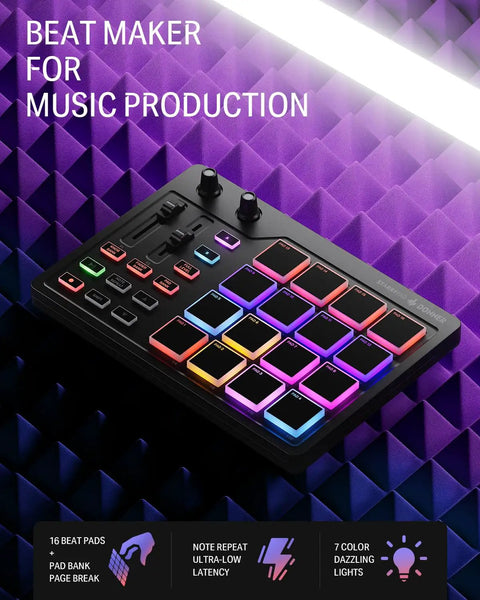 Studio Grade MIDI Pad Beat Maker Drum Machine With 16 Backlit Pads, 3 Pad Banks For 48 Assignable Pads, 2 Faders And Knobs