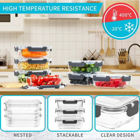 Kitchen stack of Glass Meal Prep Storage Containers Set 22 Oz Each 10 Pack with Airtight BPA Free Lids filled with fruits and pasta