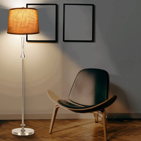 Tall Floor Lamp With Grey Linen Shade And Nickel Finish 3 Color Temperature LED Standing Lamp 2700K 4000K 5000K 810 Lumens