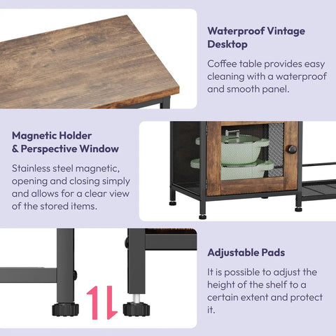 Espresso Coffee Bar Cabinet Organizer with waterproof vintage desktop, magnetic holder, adjustable pads, and perspective window.