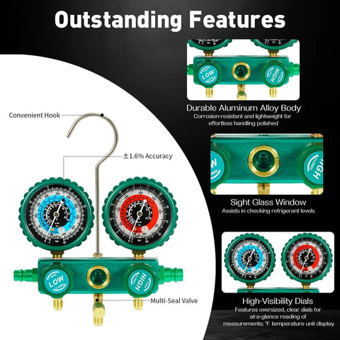 4.5 CFM Vacuum Pump And Gauge Set With Aluminum Manifold Gauge Quick Couplers Two Can Taps 410 Adapter For R134A R410A R22 R404A Refrigerants And AC Maintenance Green, aluminum manifold with dual gauges