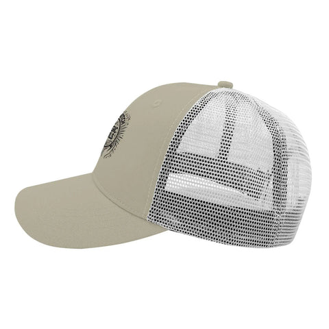 Side view of Lightweight Low Profile Trucker Hat For Men Apricot Washed Cotton Dad Cap With Adjustable Strap showing mesh and design.