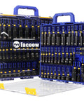 55 Piece Magnetic Impact Nut Driver Set With Deep SAE And Metric Sockets, Quick Release Extension, Pivoting Nutsetter, Wing Nut Driver, Power Bits, Socket Adapters, And Sturdy Storage Box displayed in open blue case