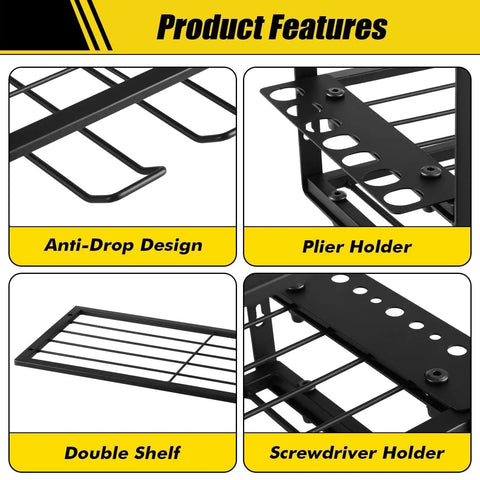 Features of Heavy Duty 3 Tier Tool Organizer Wall Mount Set For Garage 2 Pack Cordless Drill Holder And Tool Shelves Stores Up To 8 Drills Hammer Pliers Screwdrivers And Extension Cord Hangers Space Saving Wall Rack, showcasing anti-drop design, plier holder, double shelf, screwdriver holder.