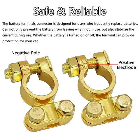 Brass Battery Terminal Connector Clamps Kit For Top Post Terminals Marine Car Boat RV Battery Protectors Durable Conductive Terminals With Nuts And Screws For Easy Hassle Free Installation front view showing positive and negative poles.