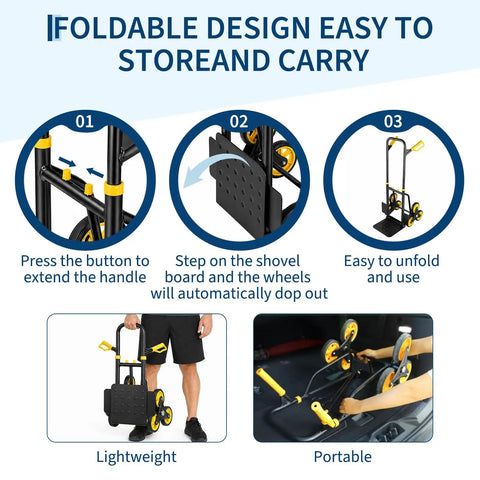 Foldable Stair Climbing Dolly For Heavy Loads, Rugged Hand Truck With 770 Lb Capacity showing step-by-step folding process.