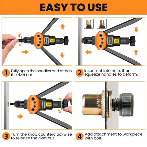 Step-by-step guide using Replacement Mandrel for Rivet Nut Tool Kit and Manual Rivet Nut Gun with Nose Pieces Metric M10.