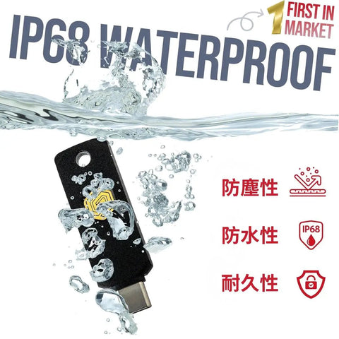 Keep Ya Accounts Locked Tight With This Reliable USB C And NFC FIDO2 Security Key submerged in water to show IP68 waterproof rating.