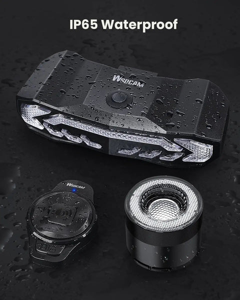 Wireless Remote Bike Light Set With Front Headlight And Rear Taillight, Turn Signals, Brake Light, shown with IP65 waterproof rating