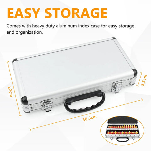 Aluminum storage case for 24 Piece Router Bit Set With 1 Quarter Inch Shank Tungsten Carbide Tips For Beginners And Pros Includes Aluminum Storage Case Durable Woodworking Tools For Cabinets Doors Shelves Boxes And More.