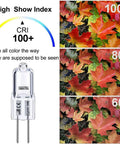 Image showcasing Bi-Pin Halogen Bulbs Pack of 10, 12V 10W, 150 Lumens High Output, highlighting CRI 100 with autumn leaves