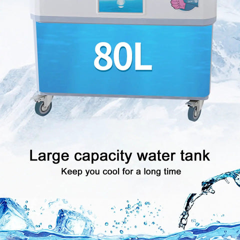 Portable Swamp Cooler With Three Speed Settings And Deep Water Tank Cooling Pad For Home Or Patio Use showcasing 80L large capacity water tank.