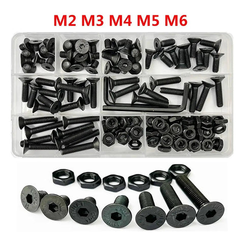 Built Tough Countersunk Flat Head Hex Bolt And Nut Set Kit M2 To M6 In Black Grade 10.9 Steel for DIY projects