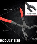 Angled front view of Weyleity exhaust hanger removal tool with red ergonomic handles and black metal jaws; 12.2in long.