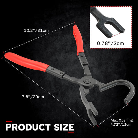 Angled front view of Weyleity exhaust hanger removal tool with red ergonomic handles and black metal jaws; 12.2in long.