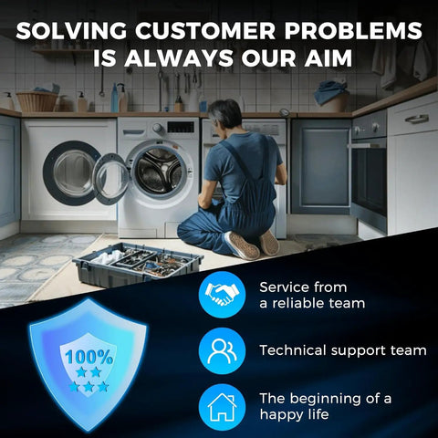 Technician repairing dryer in laundry room with signs "Solving customer problems is always our aim," toolbox visible.