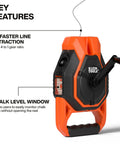 Heavy Duty Chalk Reel Working Like A Boss With A Tough 150 Foot Braided Line And Snappy 4:1 Fast Retraction For Zero Hassle Marking On Every Gritty Construction Site Or Framing Project features fast line retraction and chalk level window.