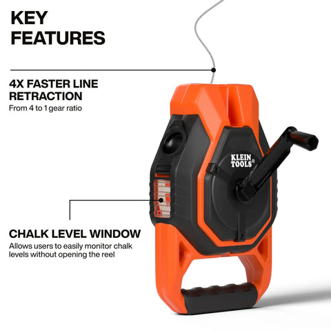 Heavy Duty Chalk Reel Working Like A Boss With A Tough 150 Foot Braided Line And Snappy 4:1 Fast Retraction For Zero Hassle Marking On Every Gritty Construction Site Or Framing Project features fast line retraction and chalk level window.