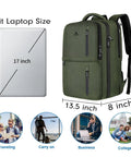 Green Carry On Travel Laptop Backpack For Airlines Personal Item With Shoe Compartment Water Resistant Weekender Overnight Bag That Fits A 17 Inch Laptop Under Seat shown with dimensions and laptop fit.