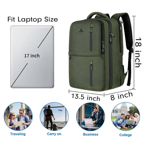 Green Carry On Travel Laptop Backpack For Airlines Personal Item With Shoe Compartment Water Resistant Weekender Overnight Bag That Fits A 17 Inch Laptop Under Seat shown with dimensions and laptop fit.