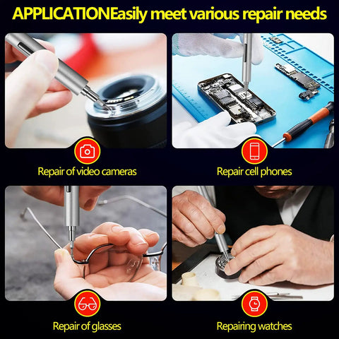 Tiny But Mighty Mini Electric Screwdriver Kit 69 In 1 Cordless Precision Tool repairing cameras, phones, glasses, and watches