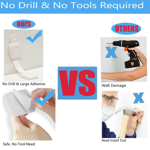 Comparison of Heavy Duty No Drill Furniture Anchors For Baby Proofing with adhesive vs tools needed for traditional anchors.
