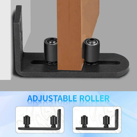 Close-up of Beefed Up Barn Door Hardware Kit With Floor Guide And Adjustable Rollers For Whisper Quiet Sliding, side view.
