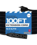 Three Outlet Outdoor Power Strip Go To Extension Cord 100 Ft Heavy Duty 16/3 Black Weatherproof 3 Prong Cord For Lawn Tools Lighting